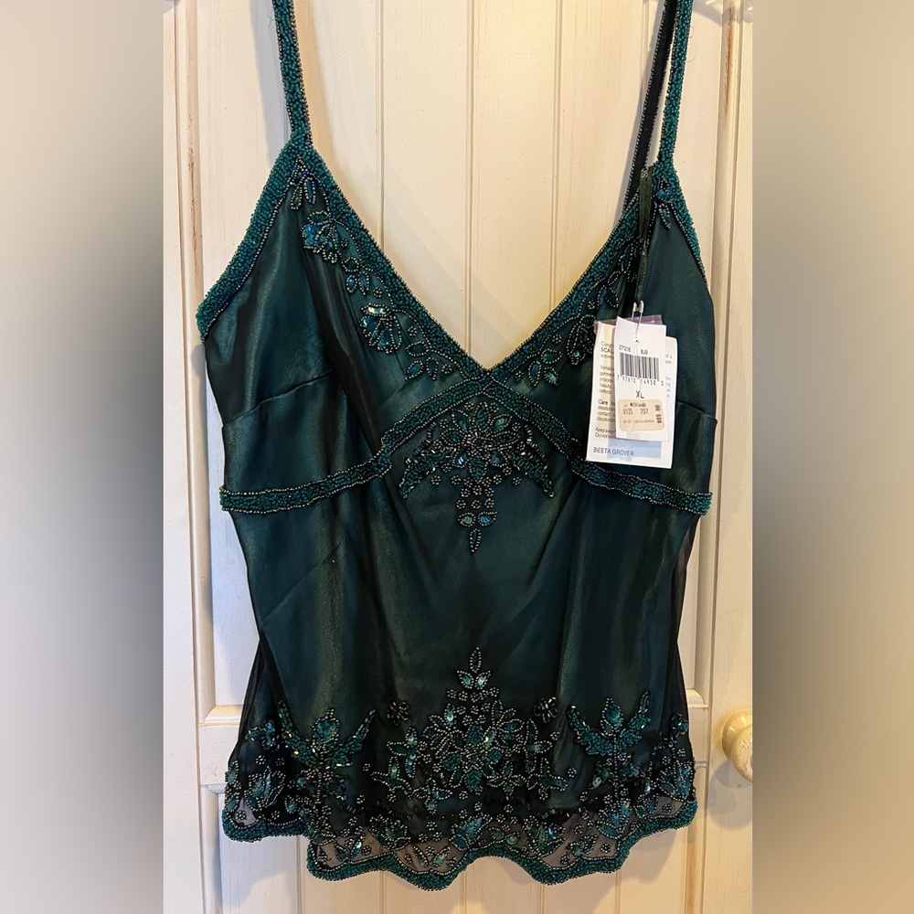 Scala Forrest Green Embellished Beaded Camisole XL